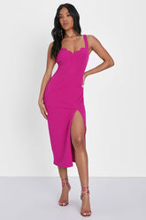 Fabulous Desires Magenta Scalloped Bodycon Midi Dress