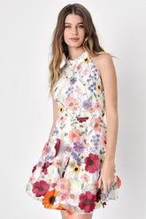 Blooming Bliss Ivory 3D Floral Embroidered Halter Mini Dress