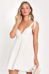 Delightfully Dainty White Linen Tie-Strap Babydoll Mini Dress