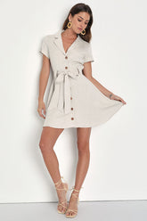 Delightful Dear Beige Linen Short Sleeve Button-Front Mini Dress