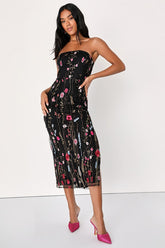 Bold Botanicals Black Floral Embroidered Strapless Midi Dress