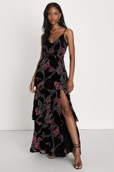 I Love You Amore Black Floral Velvet Tiered Maxi Dress
