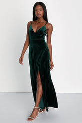 Timeless Radiance Emerald Green Velvet Lace-Up Maxi Dress