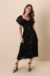 Lovely Purpose Black Velvet Floral Burnout Lace-Up Midi Dress