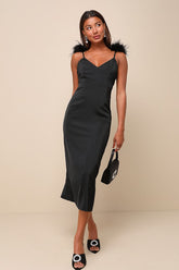 Exquisite Invite Black Satin Feather Backless Midi Dress