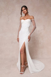 Eternally Beloved White Mesh Off-the-Shoulder Pearl Maxi Dress