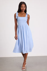 Looking Up Light Blue Smocked Tie-Strap Midi Dress