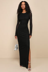 Pristine Poise Black Mesh Cutout Long Sleeve Maxi Dress