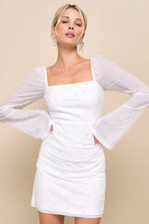 Flirty Luxury Ivory Mesh Pearl Long Sleeve Mini Dress