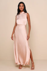 Classic Elegance Blush Satin Sleeveless Mock Neck Maxi Dress
