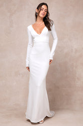 Extravagant Love White Backless Long Sleeve Ruched Maxi Dress