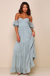 Exceptionally Gorgeous Sage Chiffon Off-the-Shoulder Maxi Dress