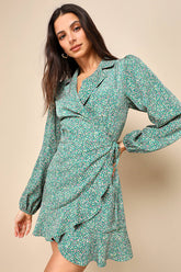 Totally Cute Time Green Floral Collared Wrap Mini Dress