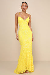 Perfect Enchantment Yellow Sequin Lace-Up Mermaid Maxi Dress