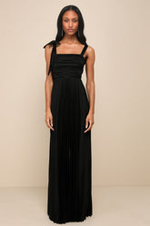 Gorgeous Purpose Black Satin Pleated Sleeveless Bow Maxi Dress