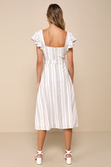 Mediterranean Moves White Striped Flutter Sleeve Midi Dress