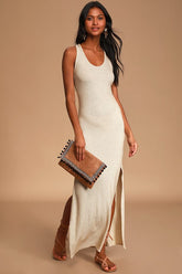 Relaxed but Not Least Beige Ribbed Sleeveless Maxi Dress