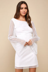 Special Glow White Fishnet Lurex Bell Sleeve Mini Dress