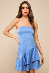 Certainly the Cutest Blue Satin Tiered Strapless Mini Dress