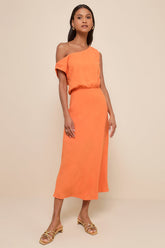 Casual Enchantment Orange Linen Off-the-Shoulder Midi Dress