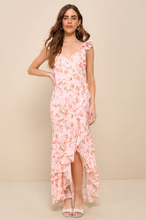 Darling Glow Peach Pink Floral Ruffled High-Low Maxi Dress