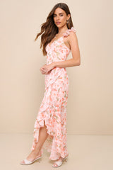 Darling Glow Peach Pink Floral Ruffled High-Low Maxi Dress