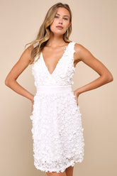 Totally Beautiful White 3D Floral Tie-Strap Skater Mini Dress
