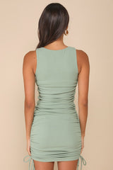 Over and Over Sage Green Ribbed Drawstring Ruched Bodycon Dress