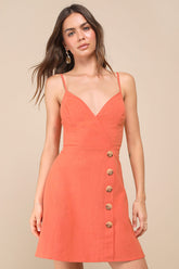 Sweet Breeze Orange Surplice Button-Front Mini Dress
