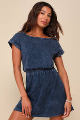 Definite Beauty Washed Dark Blue Short Sleeve Mini Dress