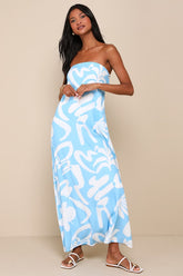 Summering in S��o Paulo Light Blue Abstract Strapless Maxi Dress
