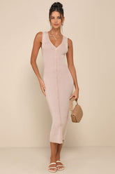 Positively Sophisticated Taupe Button-Front Midi Sweater Dress