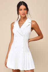 Posh Vision White Sleeveless Blazer Pleated Mini Dress