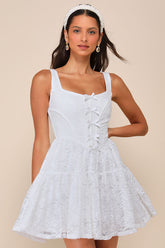 Truly Flawless White Lace Sleeveless Bow Bustier Mini Dress