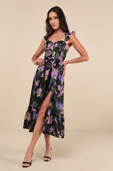 Sweet Like Sangria Black Floral Ruffled Bustier Midi Dress
