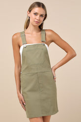 Cutest Spirit Olive Green Twill Overall Mini Dress With Pockets