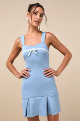 Impeccable Cutie Blue Sleeveless Bow Drop Waist Mini Dress