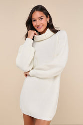 Casual Coziness Ivory Waffle Knit Cowl Neck Sweater Dress