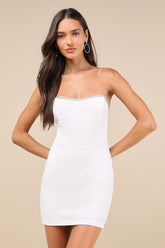 Sparkly Finesse White Rhinestone Strapless Bustier Mini Dress