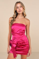 Major Event Fuchsia Satin Strapless Ruched Bow Mini Dress