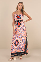 Rich Demeanor Pink Multi Abstract Backless Buckle Maxi Dress