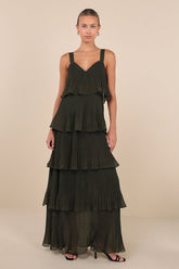 Elegant Nature Olive Green Pleated Sleeveless Tiered Maxi Dress