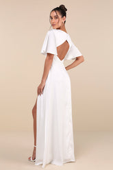 Elegant Confidence White Satin Flutter Sleeve Cutout Maxi Dress