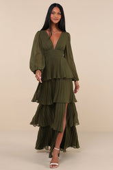 Graceful Finesse Olive Green Pleated Long Sleeve Maxi Dress