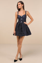 Charmingly Precious Navy Pleated Textured Bustier Mini Dress