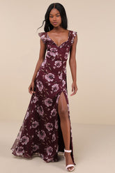 Sweetest Entrance Plum Purple Floral Ruffled Tie-Back Maxi Dress