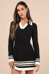 Soft Serenity Black and Ivory Collared Sweater Mini Dress