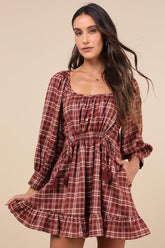 Autumn Perfection Red Plaid Mini Dress With Pockets