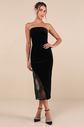 Feeling So Luxe Black Velvet Mesh Sequin Strapless Midi Dress