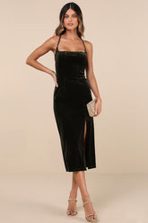 Gorgeous Composure Olive Velvet Lace-Up Sleeveless Midi Dress
